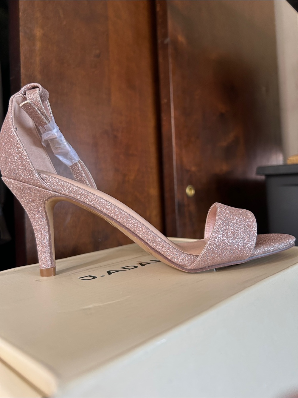 J. Adams Fine Champagne Glitter Open-Toe Ankle-Strap Heel